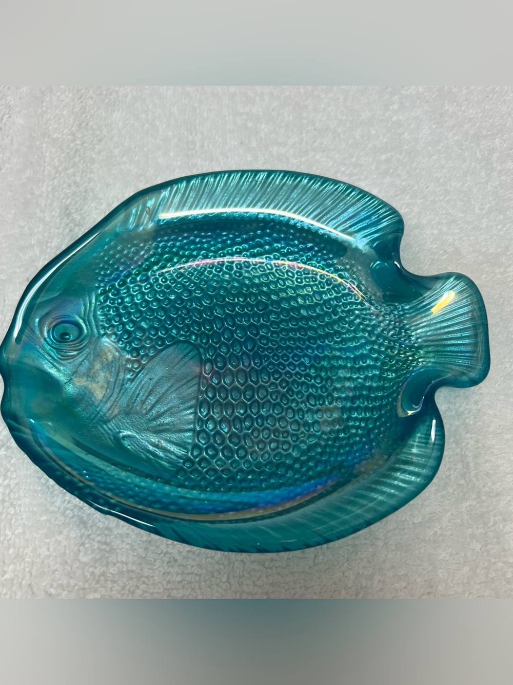 Blue Iridescent Glass Fish Shaped Dish Trinket Tray